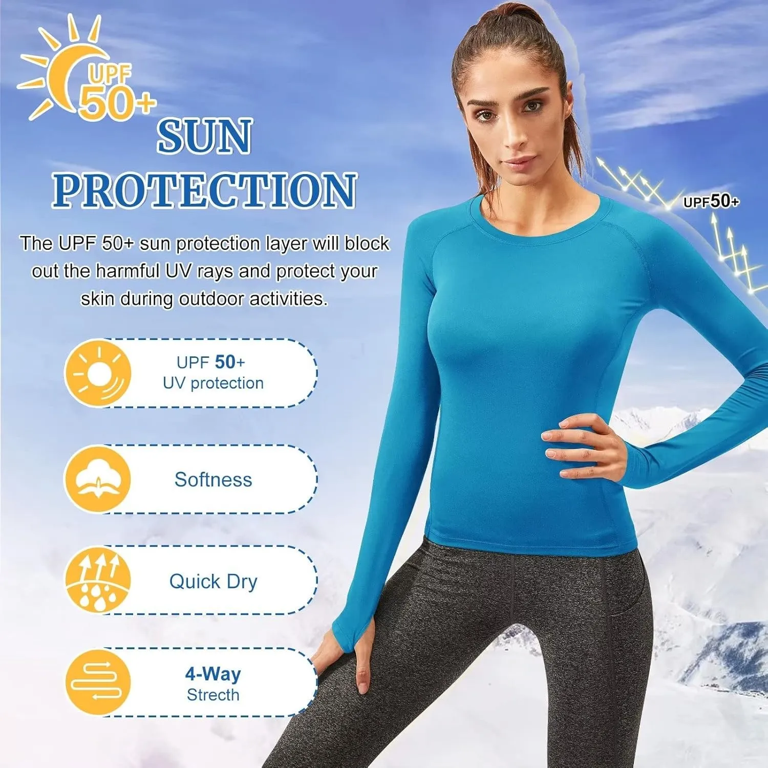 Women Thermal Top Thumbholes Fleece Ski Base Layer UPF 50  Long Sleeve Compression Shirts Running,Warm,Quick Dry