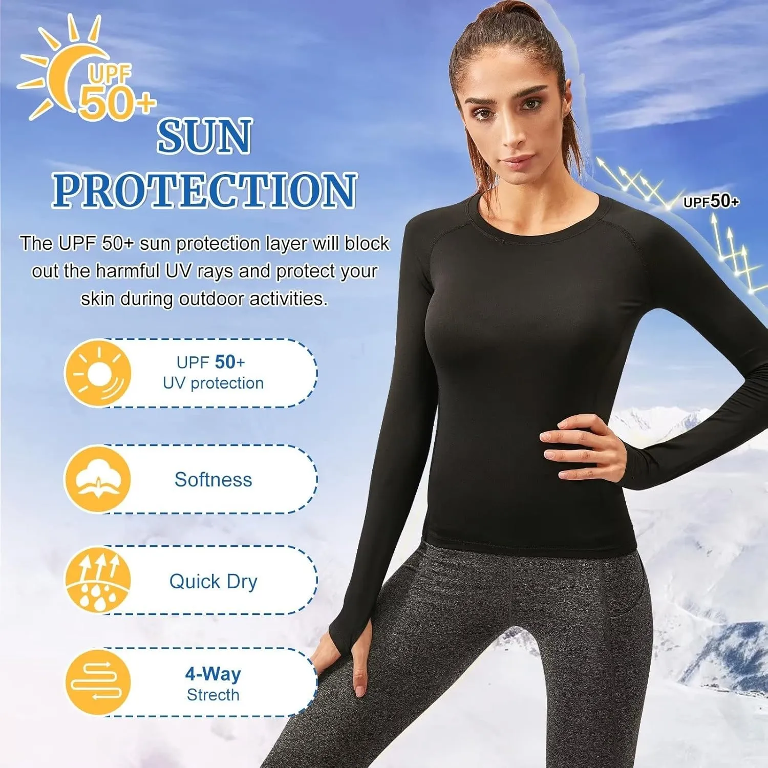 Women Thermal Top Thumbholes Fleece Ski Base Layer UPF 50  Long Sleeve Compression Shirts Running,Warm,Quick Dry