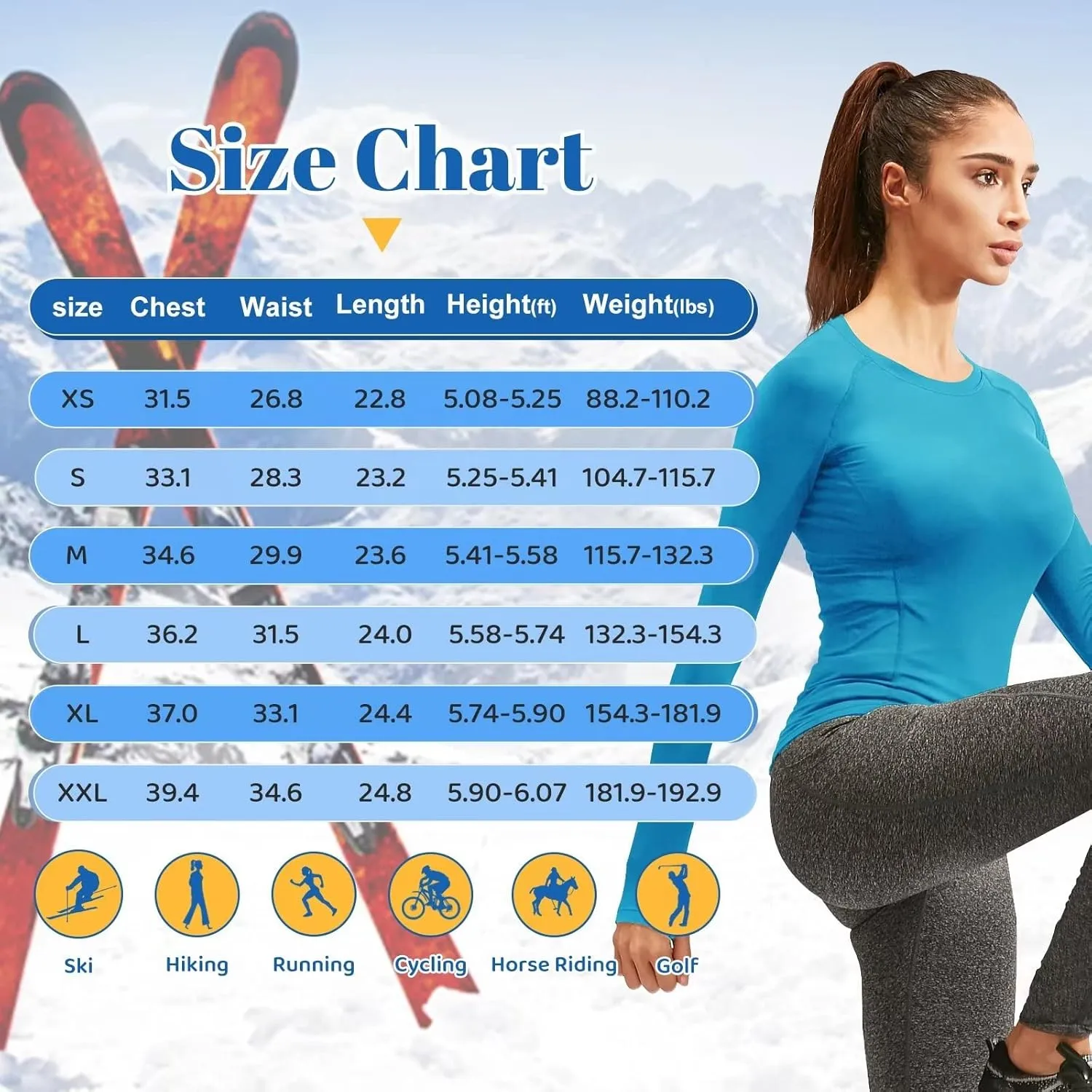 Women Thermal Top Thumbholes Fleece Ski Base Layer UPF 50  Long Sleeve Compression Shirts Running,Warm,Quick Dry