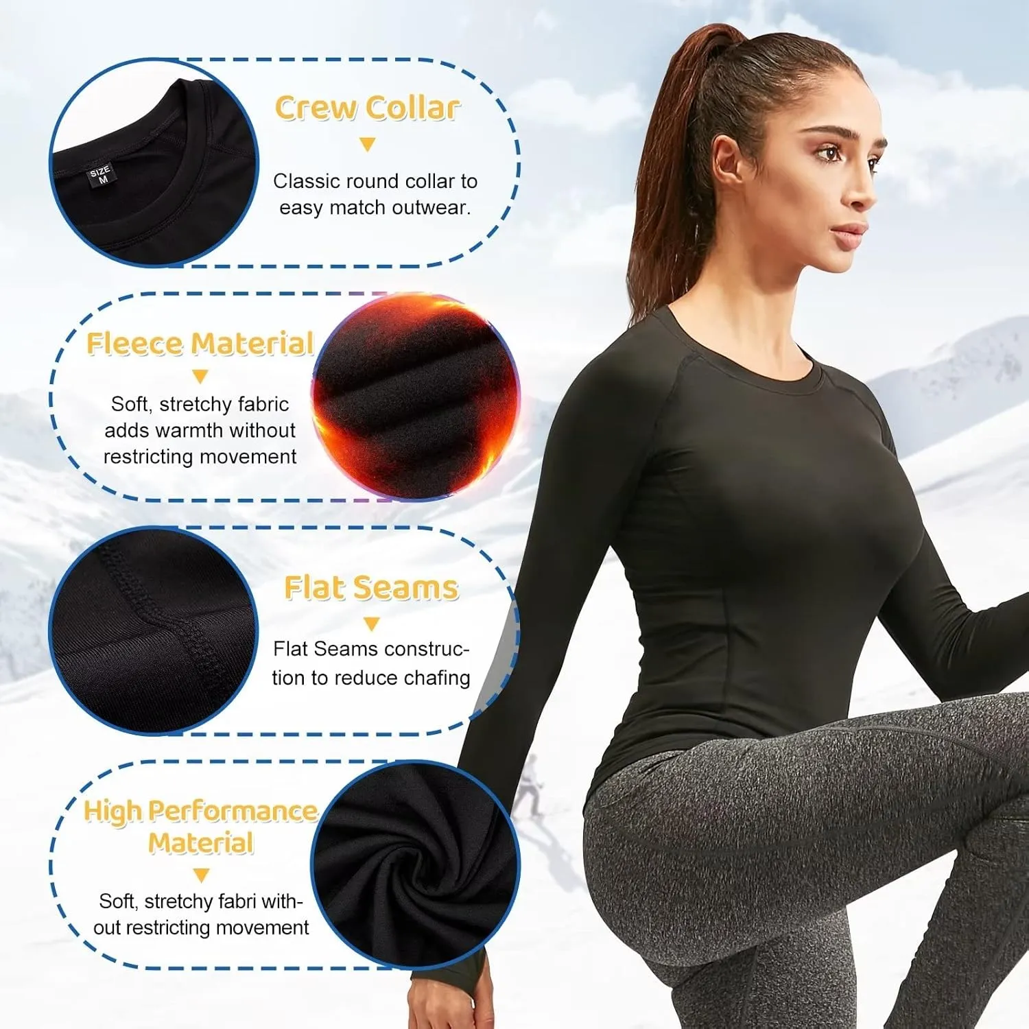 Women Thermal Top Thumbholes Fleece Ski Base Layer UPF 50  Long Sleeve Compression Shirts Running,Warm,Quick Dry