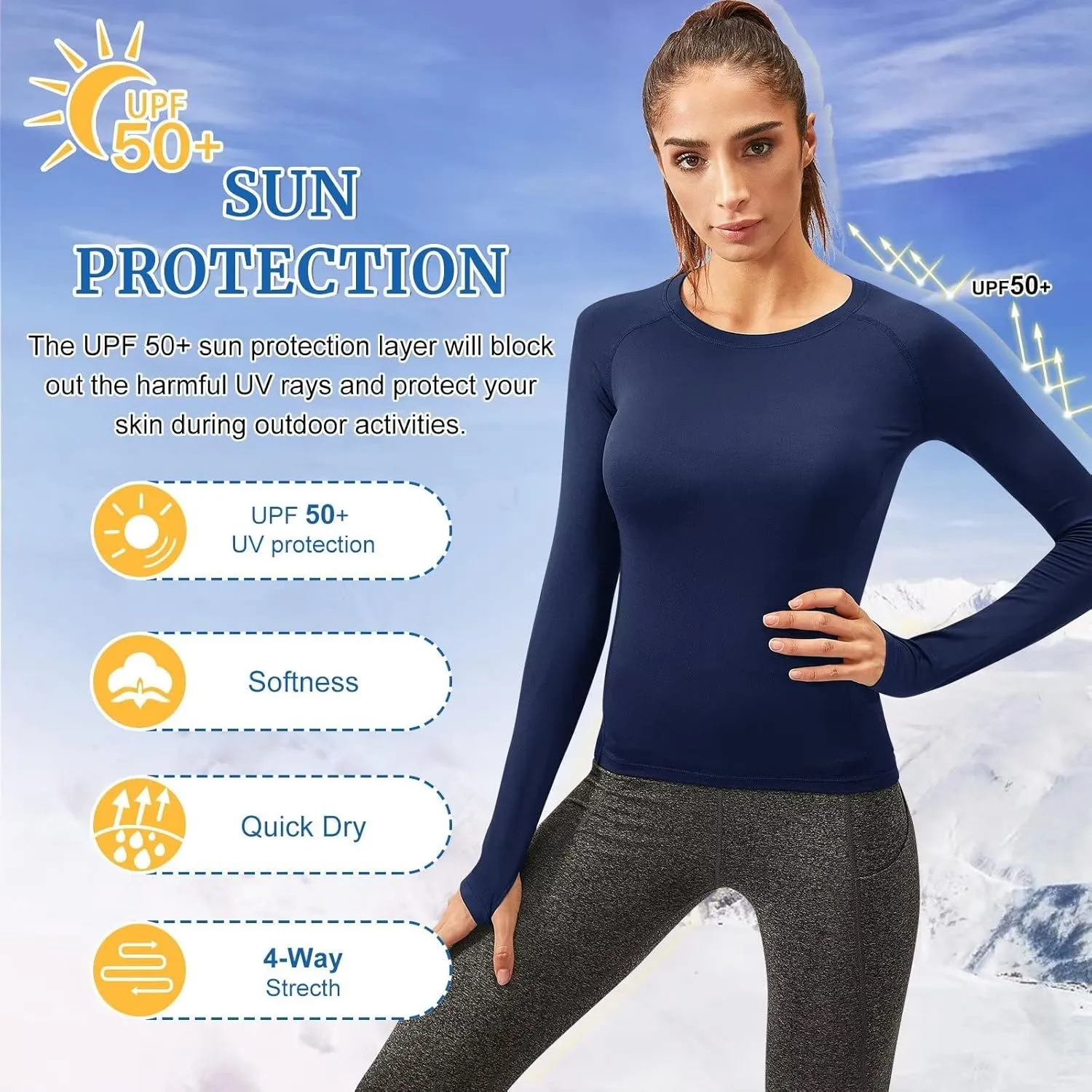 Women Thermal Top Thumbholes Fleece Ski Base Layer UPF 50  Long Sleeve Compression Shirts Running,Warm,Quick Dry
