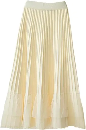 Women Tulle Patchwork Knitted Skirt Autumn Winter Thick Warm A Line High Waist Pleated Midi Long Skirt
