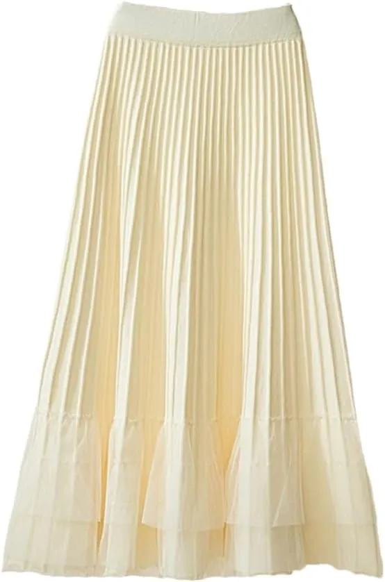 Women Tulle Patchwork Knitted Skirt Autumn Winter Thick Warm A Line High Waist Pleated Midi Long Skirt