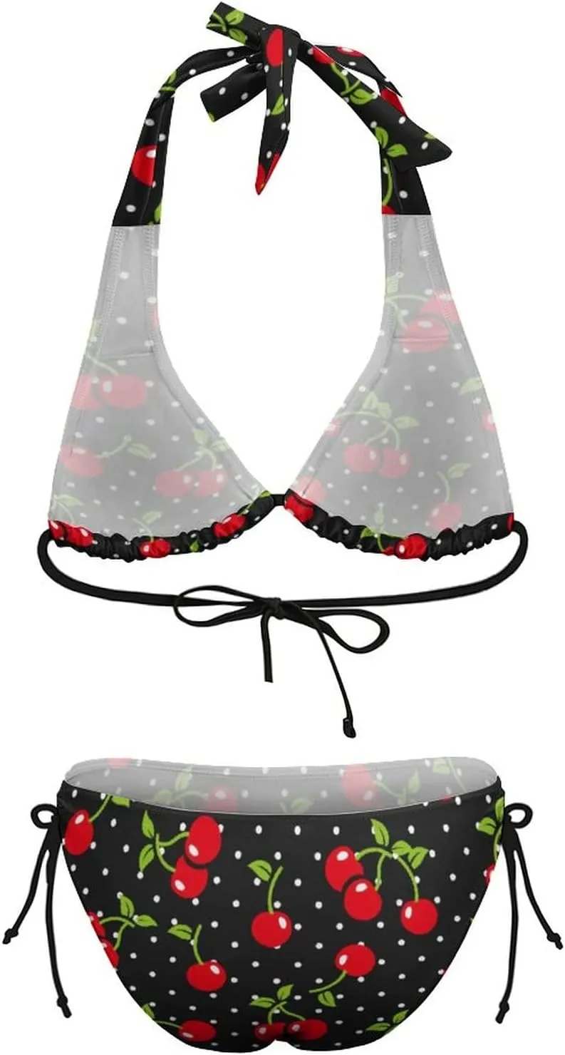 Women Two Piece Swimsuit Cute Cherry Tie Side Triangle Bikini Bathing Suit