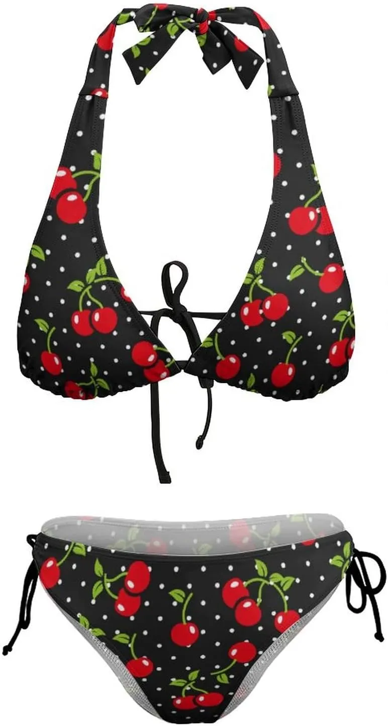 Women Two Piece Swimsuit Cute Cherry Tie Side Triangle Bikini Bathing Suit