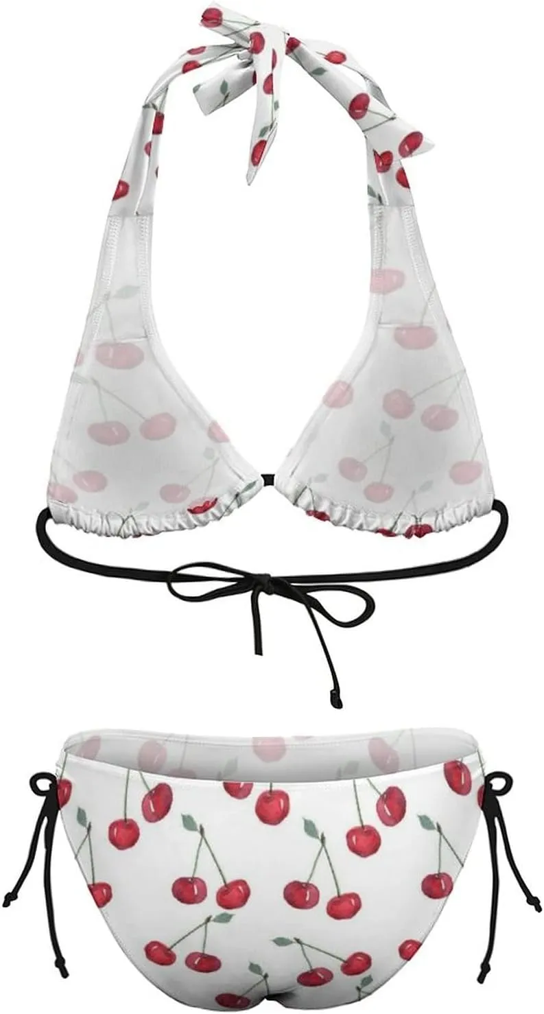 Women Two Piece Swimsuit Cute Cherry Tie Side Triangle Bikini Bathing Suit