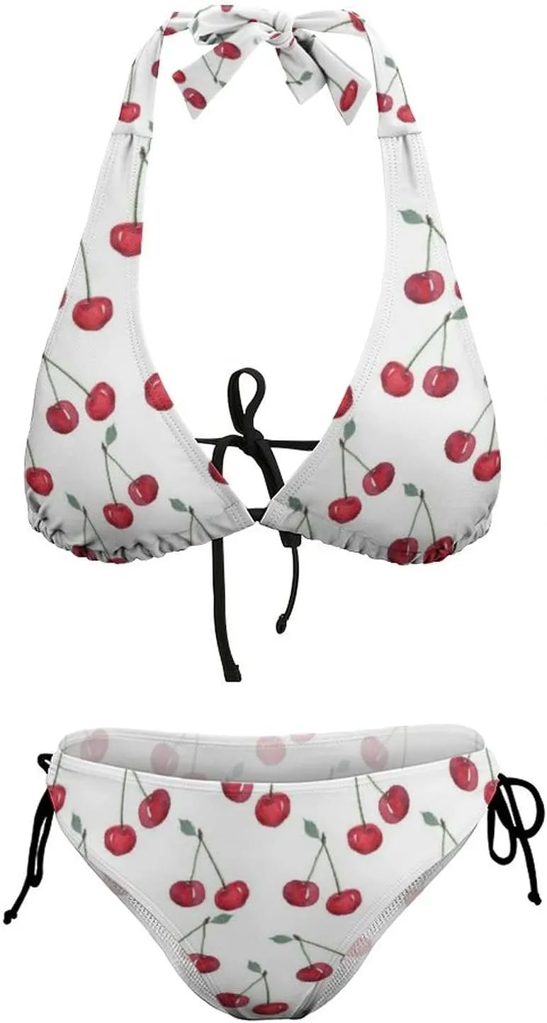 Women Two Piece Swimsuit Cute Cherry Tie Side Triangle Bikini Bathing Suit