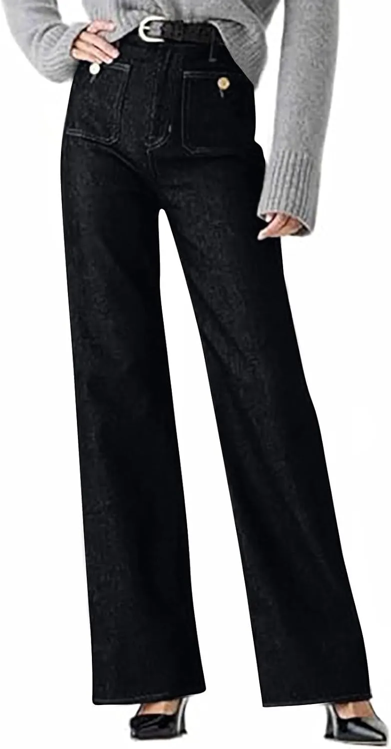 Women Wide Leg Jeans High Waisted Denim Pants Stretch Bell Bottom Jeans with Pockets Trendy Work Pants Comfy Trousers