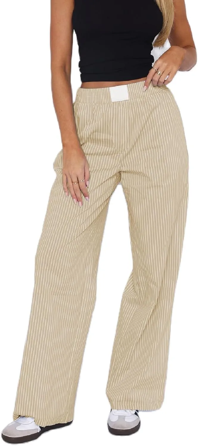 Women Y2k Striped Pants Wide Leg Striped Print Lounge Pants Elastic High Waist Pinstripe Pajama Summer Trousers
