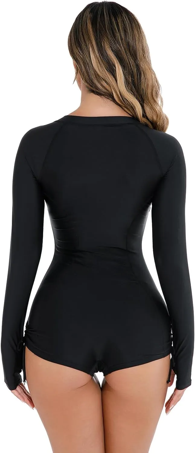 Women Zipper Rash Guard Long Sleeves Sun Protection Surf Rashguard Boyleg One Piece Sport Swimsuit Padded Bathing Suits
