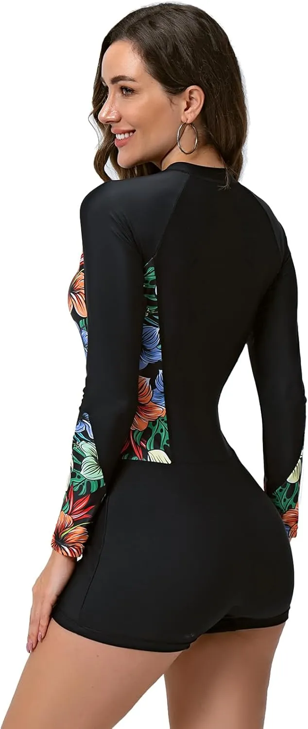 Women Zipper Rash Guard Long Sleeves Sun Protection Surf Rashguard Boyleg One Piece Sport Swimsuit Padded Bathing Suits