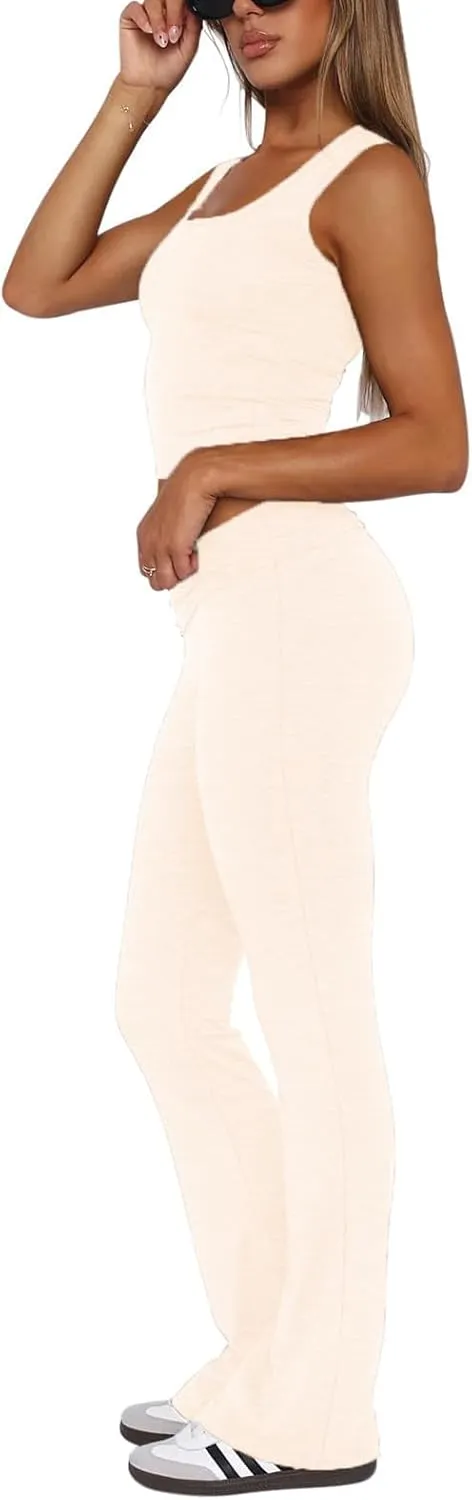 Women's 2 Piece Lounge Sets Fold-over Flare Pants Set Square Neck Tank Crop Top Y2K Casual Outfits Soft Loungewear