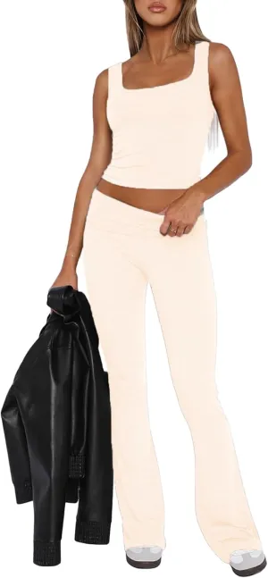 Women's 2 Piece Lounge Sets Fold-over Flare Pants Set Square Neck Tank Crop Top Y2K Casual Outfits Soft Loungewear