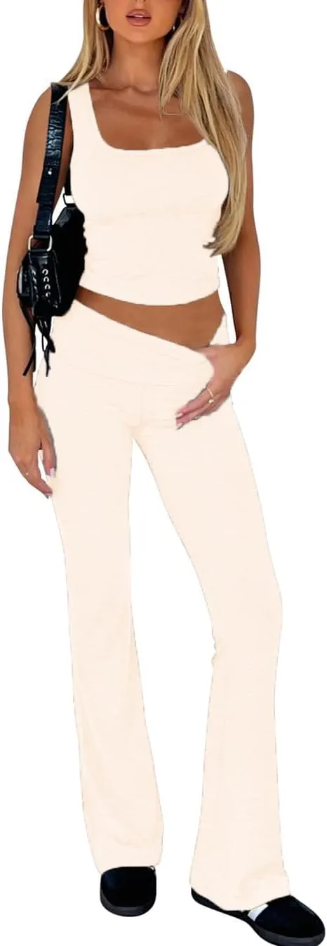 Women's 2 Piece Lounge Sets Fold-over Flare Pants Set Square Neck Tank Crop Top Y2K Casual Outfits Soft Loungewear