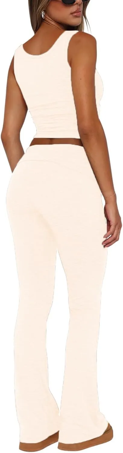 Women's 2 Piece Lounge Sets Fold-over Flare Pants Set Square Neck Tank Crop Top Y2K Casual Outfits Soft Loungewear