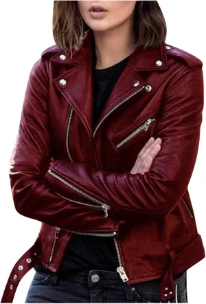Womens 2024 Fashion Cool Zipper Jacket Coat Long Sleeve Lapel Outwear Comfy Slim Overcoat with Belt Outdoor Clothes