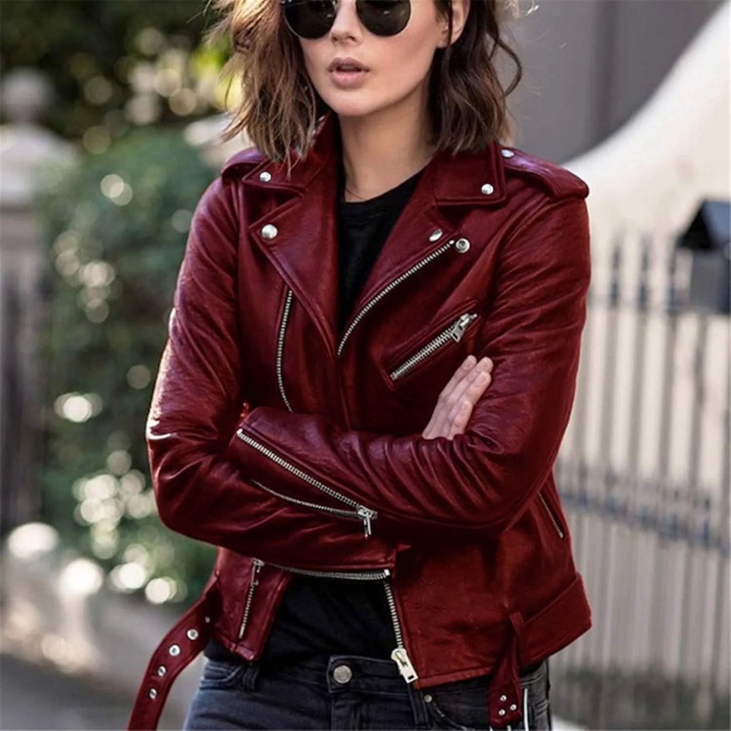 Womens 2024 Fashion Cool Zipper Jacket Coat Long Sleeve Lapel Outwear Comfy Slim Overcoat with Belt Outdoor Clothes