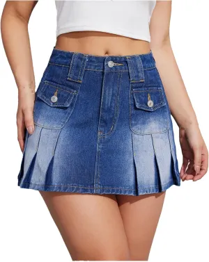 Women's American Style Washed Pleated Denim Skirt Summer High-Waisted Denim Half Body Skirt