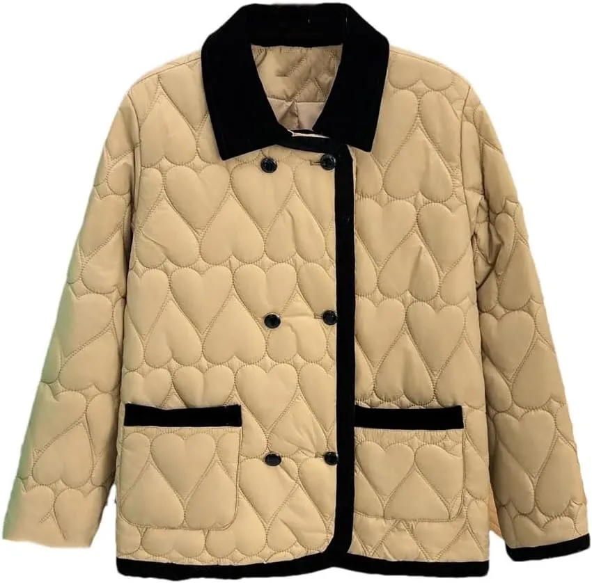 Women's Autumn Winter Fashion Contrast Color Cotton-Padded Coat Warm Heart Shaped Parkas