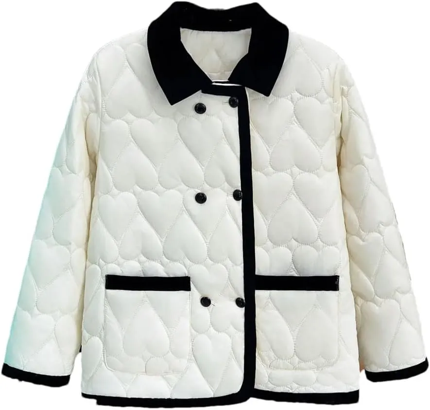Women's Autumn Winter Fashion Contrast Color Cotton-Padded Coat Warm Heart Shaped Parkas
