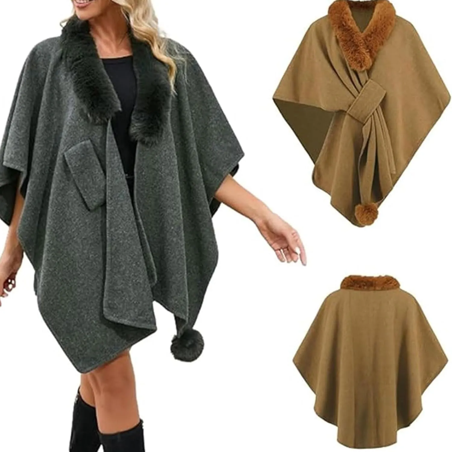 Womens Batwing Sleeve Fur Collar Cloak Shawl Scarf, Faux Fur Shawls Jackets V Neck Cape Coats Wraps Winter Scarves