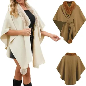 Womens Batwing Sleeve Fur Collar Cloak Shawl Scarf, Faux Fur Shawls Jackets V Neck Cape Coats Wraps Winter Scarves