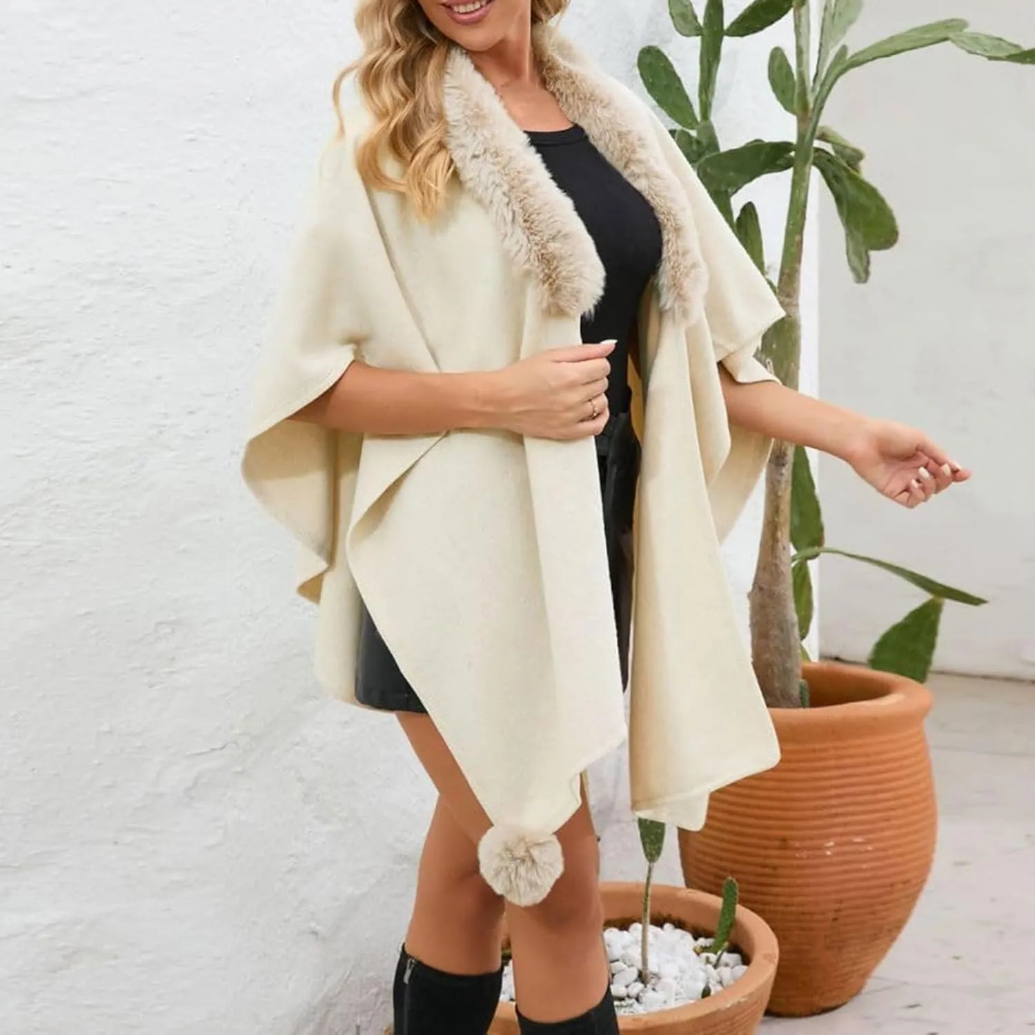 Womens Batwing Sleeve Fur Collar Cloak Shawl Scarf, Faux Fur Shawls Jackets V Neck Cape Coats Wraps Winter Scarves