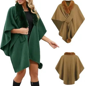 Womens Batwing Sleeve Fur Collar Cloak Shawl Scarf, Faux Fur Shawls Jackets V Neck Cape Coats Wraps Winter Scarves