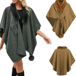 Womens Batwing Sleeve Fur Collar Cloak Shawl Scarf, Faux Fur Shawls Jackets V Neck Cape Coats Wraps Winter Scarves