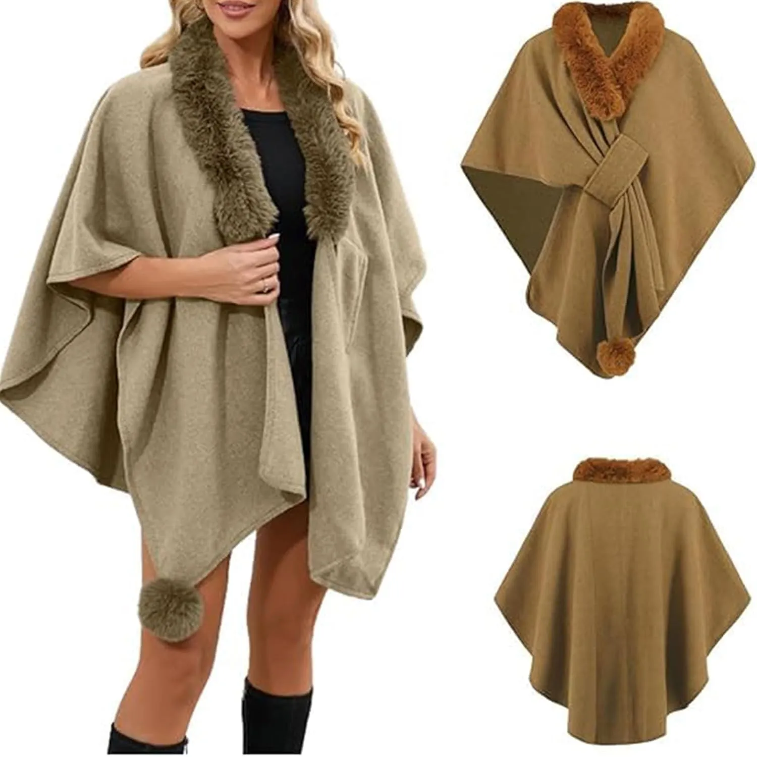 Womens Batwing Sleeve Fur Collar Cloak Shawl Scarf, Faux Fur Shawls Jackets V Neck Cape Coats Wraps Winter Scarves