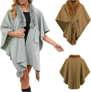 Womens Batwing Sleeve Fur Collar Cloak Shawl Scarf, Faux Fur Shawls Jackets V Neck Cape Coats Wraps Winter Scarves