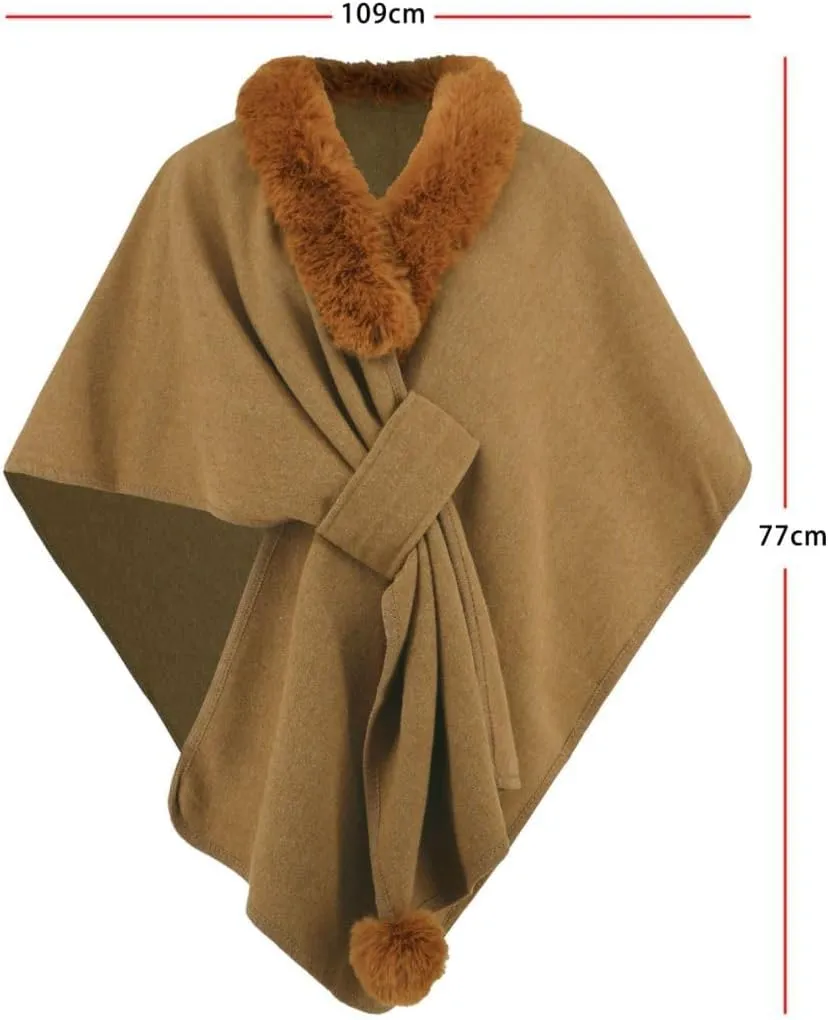 Womens Batwing Sleeve Fur Collar Cloak Shawl Scarf, Faux Fur Shawls Jackets V Neck Cape Coats Wraps Winter Scarves