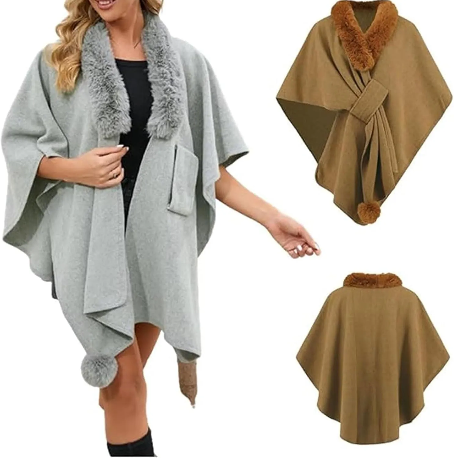 Womens Batwing Sleeve Fur Collar Cloak Shawl Scarf, Faux Fur Shawls Jackets V Neck Cape Coats Wraps Winter Scarves