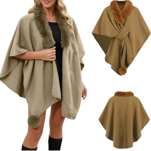Womens Batwing Sleeve Fur Collar Cloak Shawl Scarf, Faux Fur Shawls Jackets V Neck Cape Coats Wraps Winter Scarves