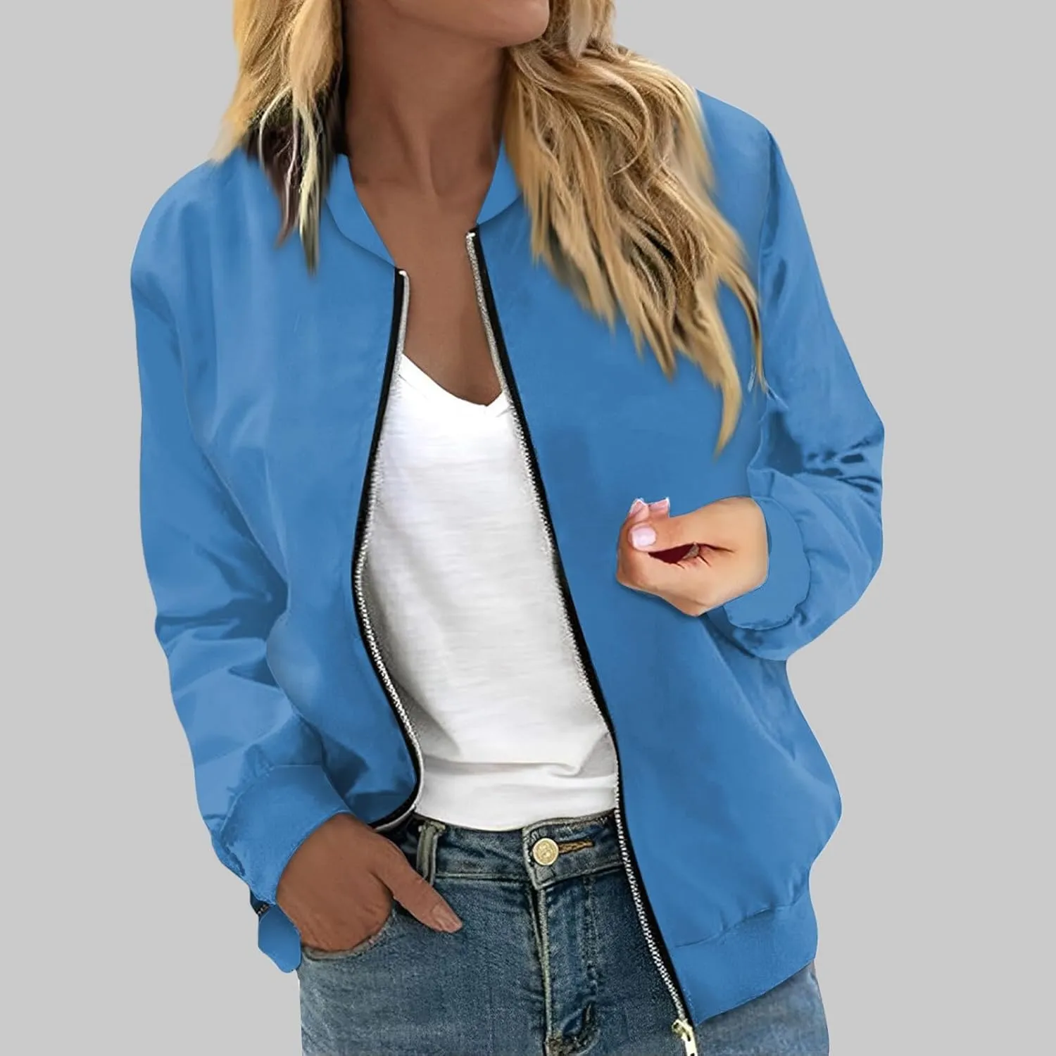 Womens Bomber Jacket Long Sleeve Casual Zipper Tops Cardigan Shirt Slim Jacket S-XXL