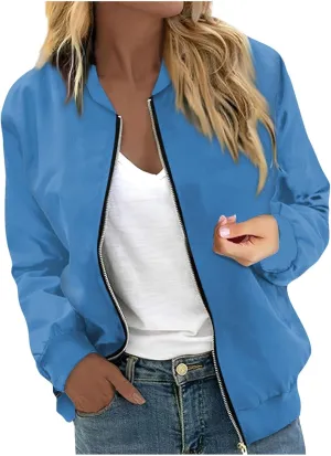 Womens Bomber Jacket Long Sleeve Casual Zipper Tops Cardigan Shirt Slim Jacket S-XXL