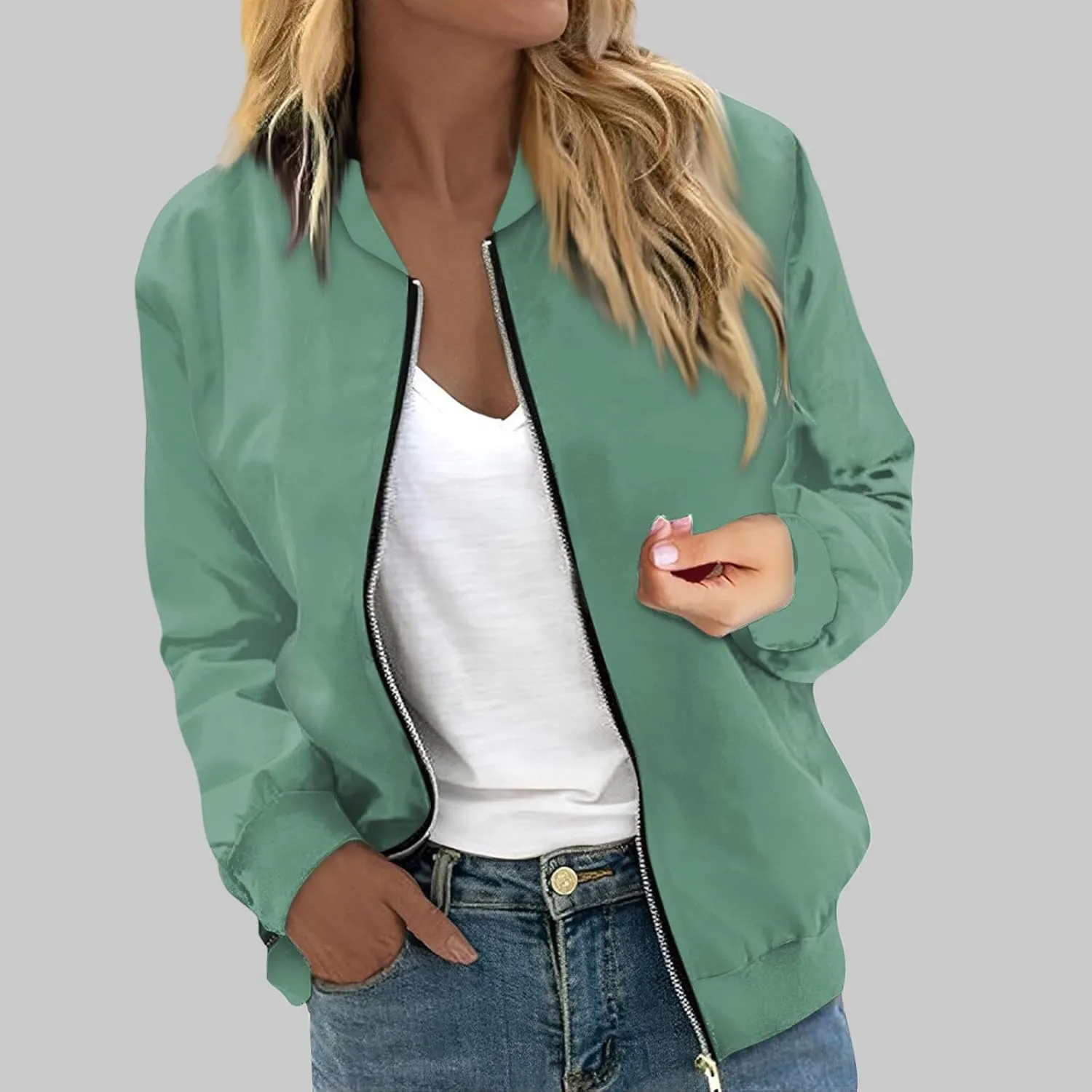 Womens Bomber Jacket Long Sleeve Casual Zipper Tops Cardigan Shirt Slim Jacket S-XXL