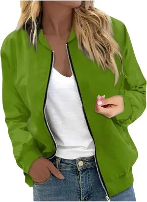 Womens Bomber Jacket Long Sleeve Casual Zipper Tops Cardigan Shirt Slim Jacket S-XXL