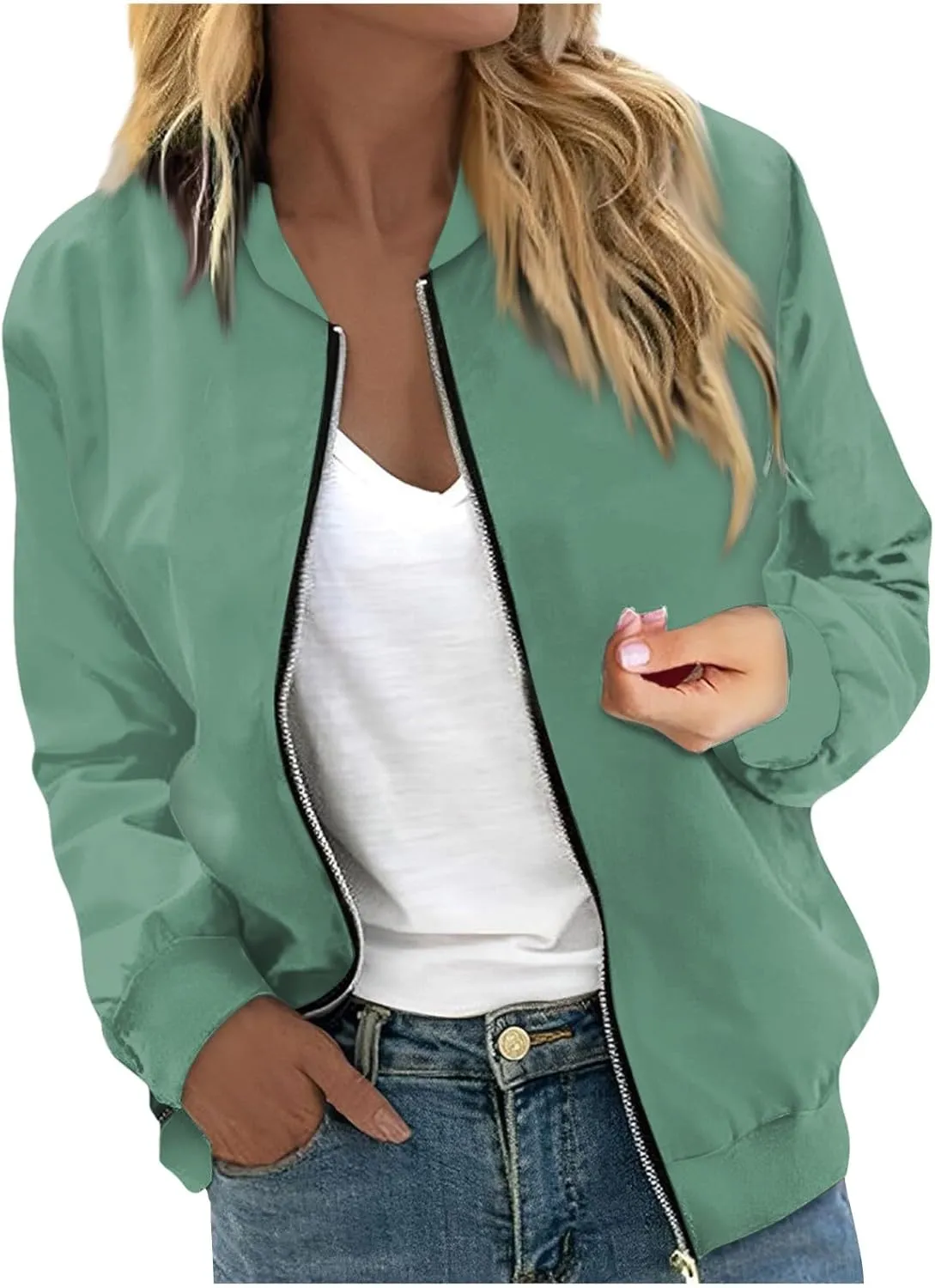 Womens Bomber Jacket Long Sleeve Casual Zipper Tops Cardigan Shirt Slim Jacket S-XXL