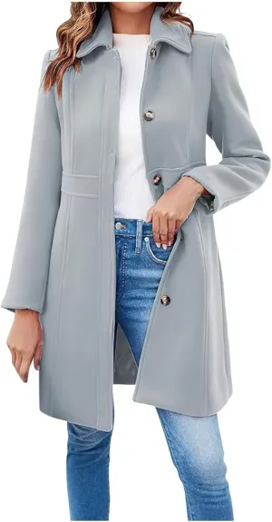 Women's Breasted Button Up Wool Coat Winter Casual Midi Long Wool Blend Trench Coat
