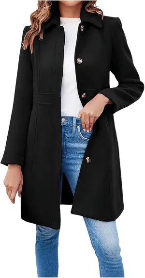 Women's Breasted Button Up Wool Coat Winter Casual Midi Long Wool Blend Trench Coat
