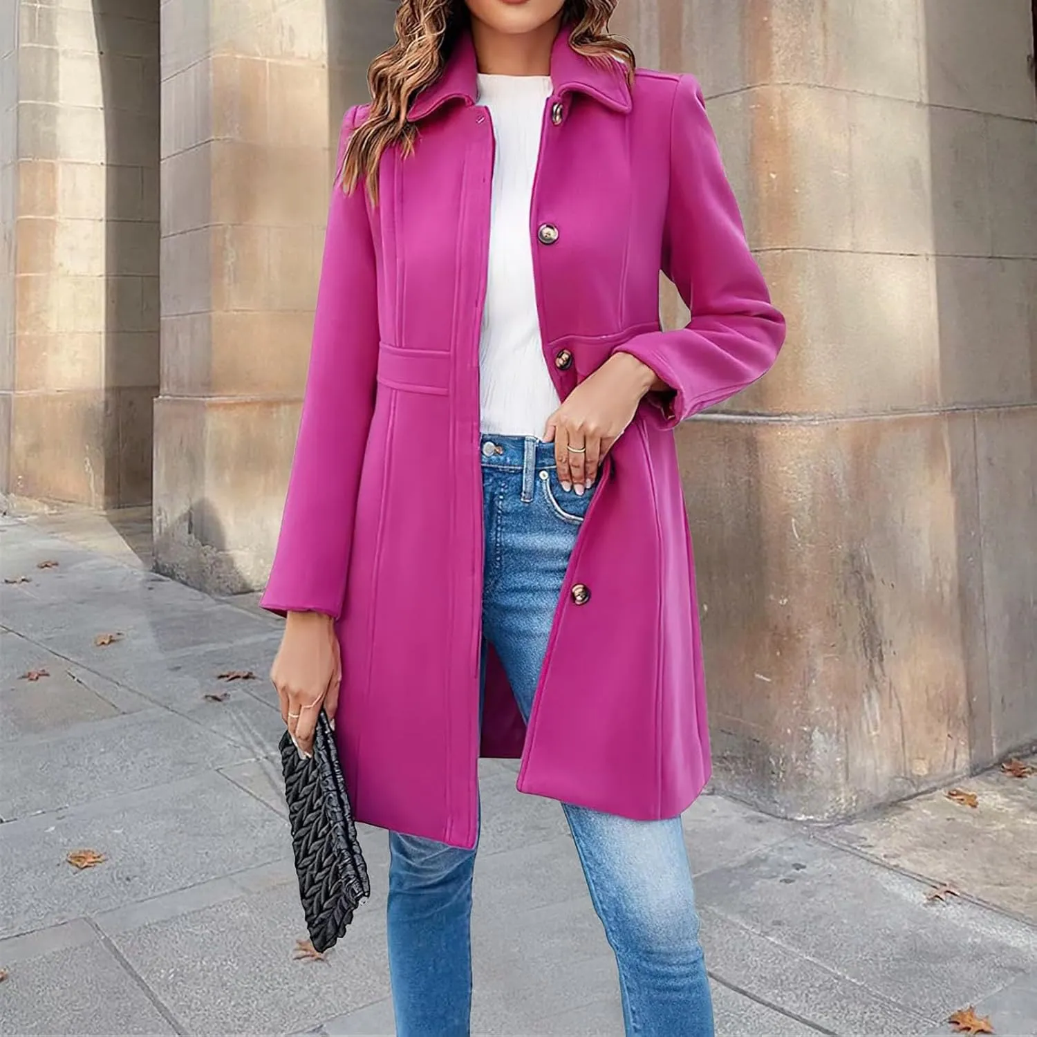 Women's Breasted Button Up Wool Coat Winter Casual Midi Long Wool Blend Trench Coat