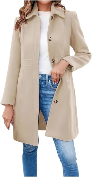 Women's Breasted Button Up Wool Coat Winter Casual Midi Long Wool Blend Trench Coat