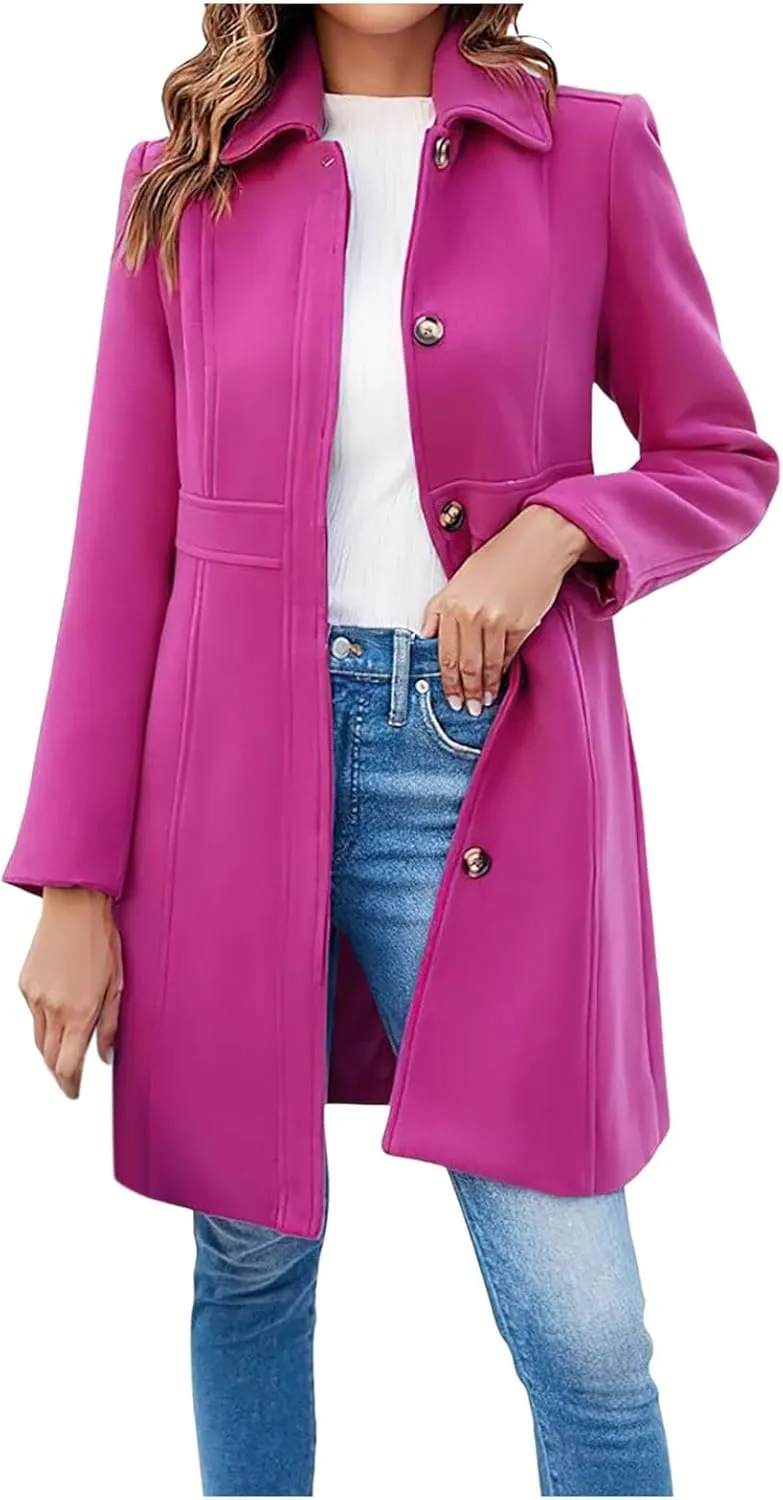 Women's Breasted Button Up Wool Coat Winter Casual Midi Long Wool Blend Trench Coat