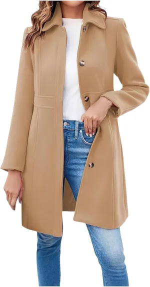 Women's Breasted Button Up Wool Coat Winter Casual Midi Long Wool Blend Trench Coat