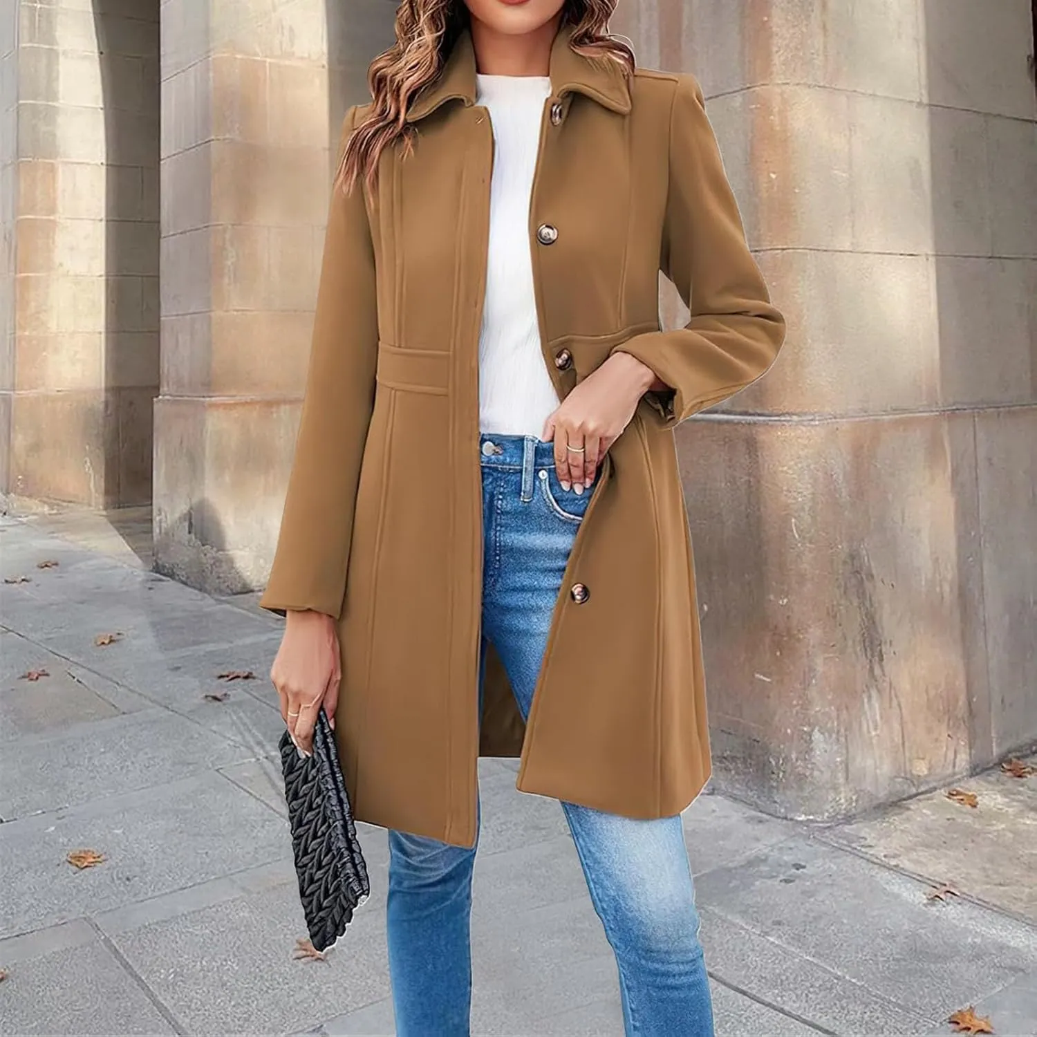 Women's Breasted Button Up Wool Coat Winter Casual Midi Long Wool Blend Trench Coat