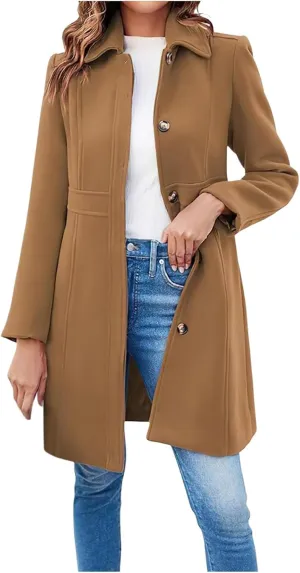 Women's Breasted Button Up Wool Coat Winter Casual Midi Long Wool Blend Trench Coat