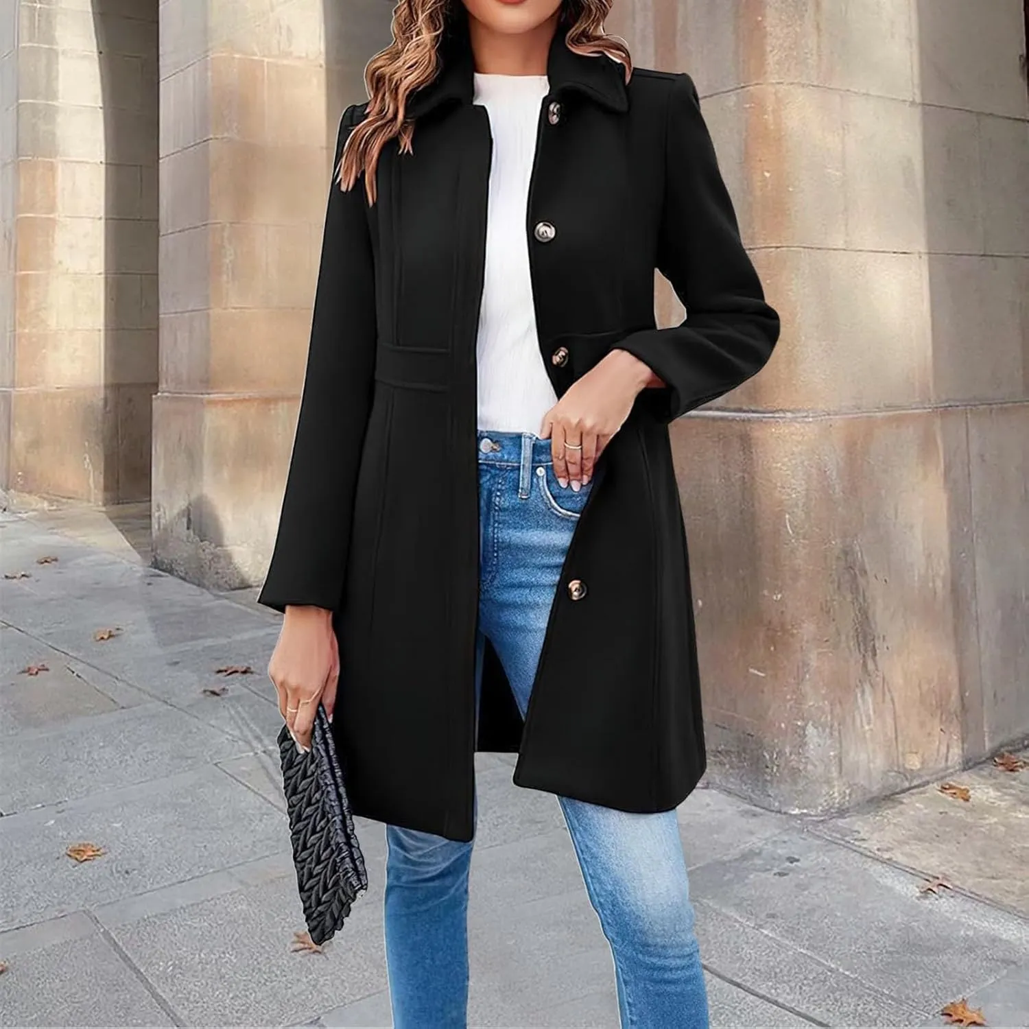 Women's Breasted Button Up Wool Coat Winter Casual Midi Long Wool Blend Trench Coat