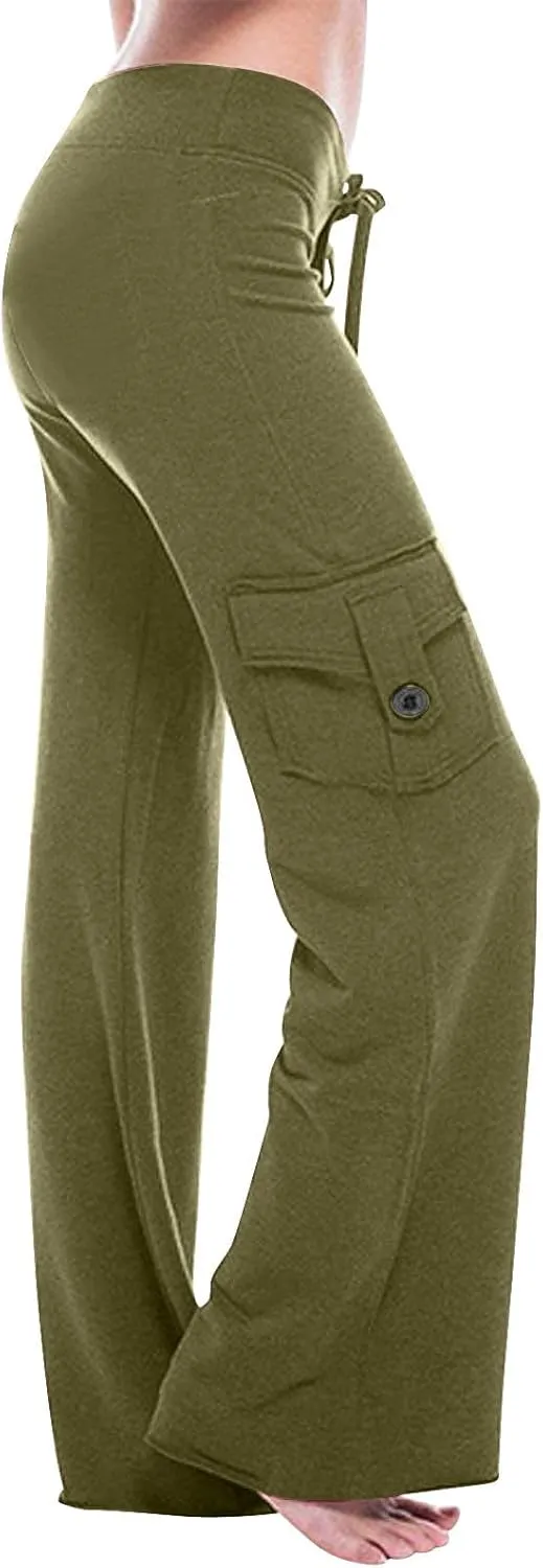 Womens Cargo Pants with Pockets Wide Leg Yoga Pants Casual High Waist Stretch Bootcut Workout Leggings Gym Sweatpants