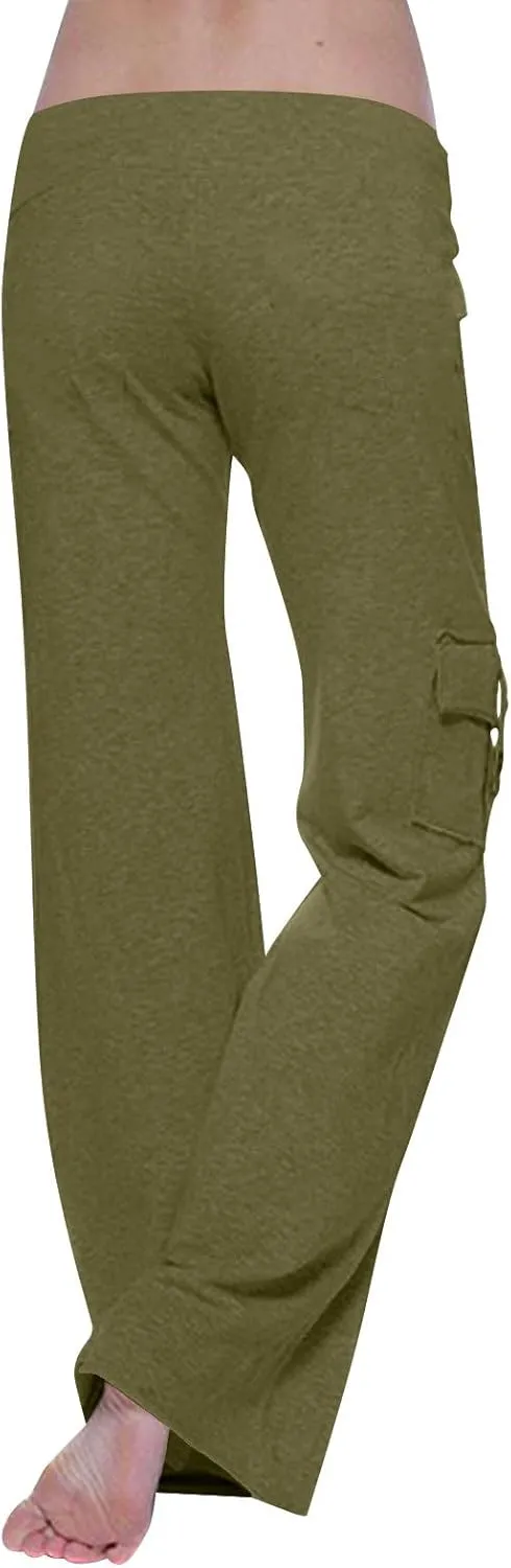 Womens Cargo Pants with Pockets Wide Leg Yoga Pants Casual High Waist Stretch Bootcut Workout Leggings Gym Sweatpants